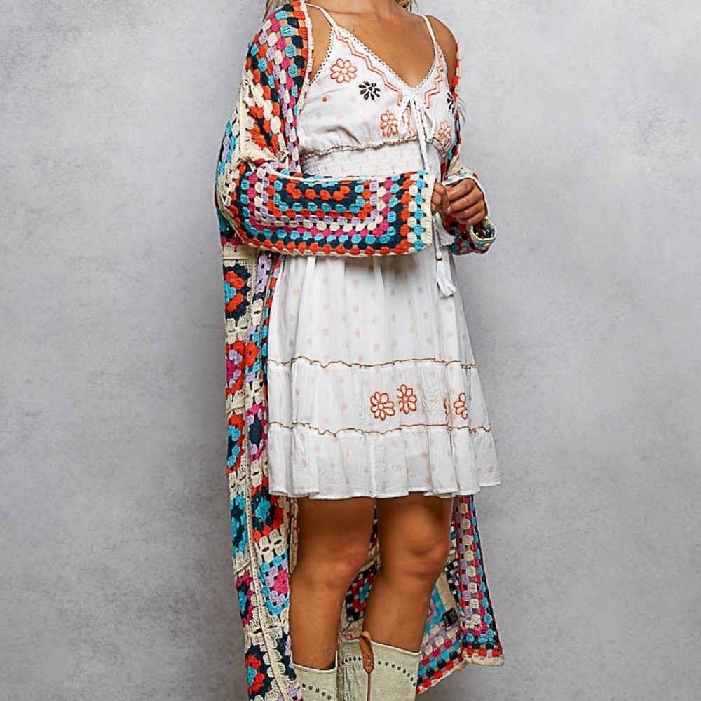 New POL Long Crochet Granny Square Duster Cardigan Boho Multicolor One Size - Picture 6 of 12